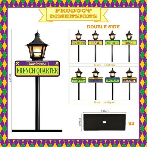 Mardi Gras Decorations - 4pcs New Orleans Street Signs Centerpieces Mardi Gras Louisiana Lamp Post Décor For Party Supplies in Kuwait