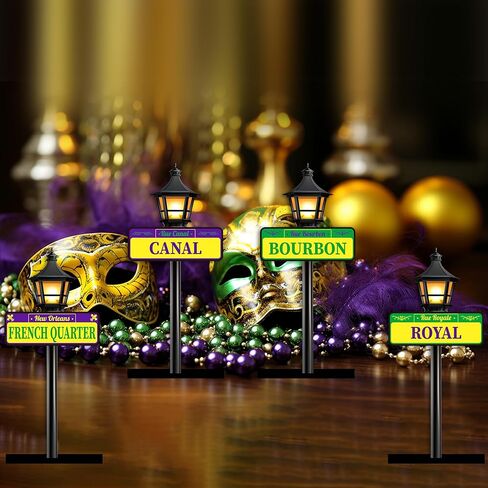 Mardi Gras Decorations - 4pcs New Orleans Street Signs Centerpieces Mardi Gras Louisiana Lamp Post Décor For Party Supplies in Kuwait