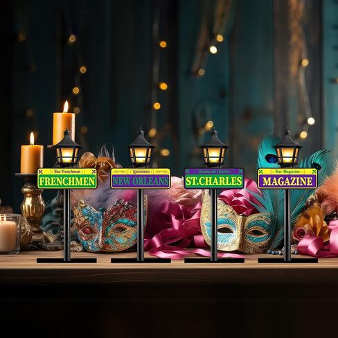 Mardi Gras Decorations - 4pcs New Orleans Street Signs Centerpieces Mardi Gras Louisiana Lamp Post Décor For Party Supplies in Kuwait
