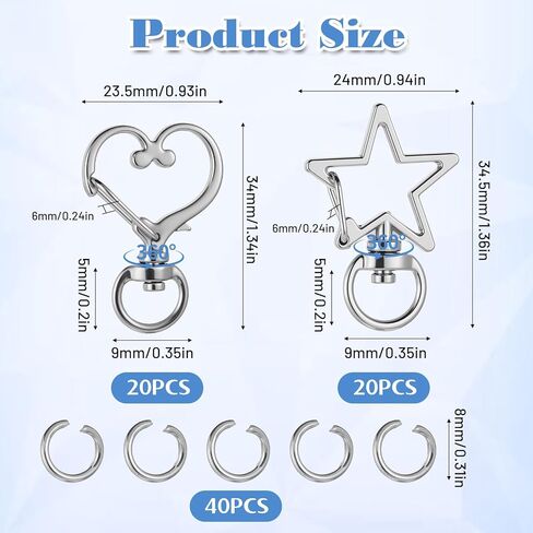 1 Box 40 Pcs Star Shaped Spring Snap Keychain, 2 Styles Star Heart Keychain Clip Metal Silver Swivel Lobster Claw Clasp Swivel Snap Hook Key Ring for DIY Crafts Jewelry Making Keychains in Saudi Arabia
