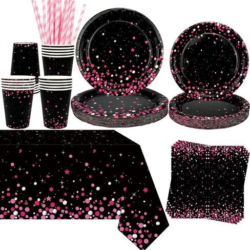 Pink Black Party Decoration - Pink and Black Birthday Party Tableware Supplies Includes Plates, Cups, Napkins, Tablecloth, Straws (40) in Saudi Arabia