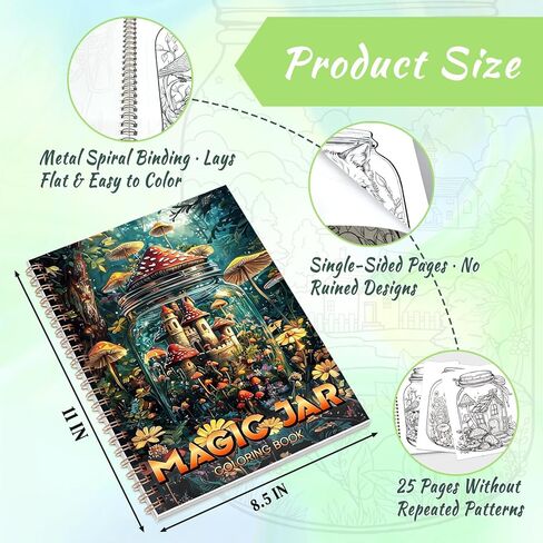 Tlenpo Adult Coloring Book for Women, 25 Mushroom Garden Designs, Spiral Bound Lay Flat, Single-Sided Alcohol Marker Friendly Thick Paper, Anxiety Relief Mindfulness Gifts in Saudi Arabia