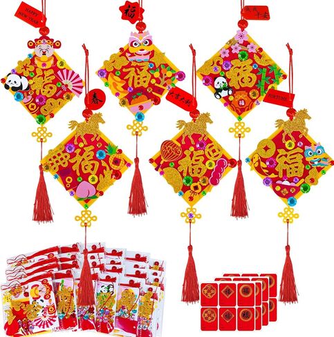Winlyn 24 Sets Chinese New Year Decorations DIY 3D Fu Good Luck Knot Tassel Ornaments Craft Kits for Kids Asian Lunar New Year 2026 Year of The Horse Classroom Activities Party Favors Gift Exchange in Saudi Arabia