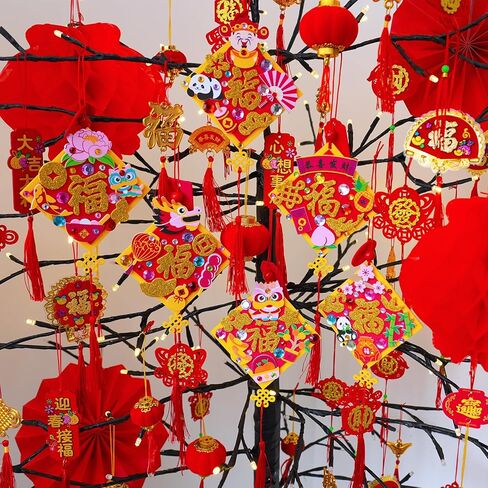 Winlyn 24 Sets Chinese New Year Decorations DIY 3D Fu Good Luck Knot Tassel Ornaments Craft Kits for Kids Asian Lunar New Year 2026 Year of The Horse Classroom Activities Party Favors Gift Exchange in Saudi Arabia
