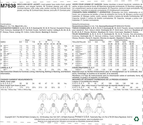 سترات McCall's Patterns للرجال والأولاد مبطنة بأزرار أمامية مع خيارات غطاء محرك السيارة in Kuwait