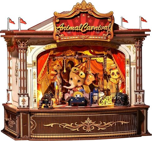 CUTEBEE 3D Wooden Puzzles Music Box - DIY Theater Model Kit with LED Light, 413 Pcs Rotating Miniature House Kit for Adults, Home Bookshelf Decor, Birthday Valentines Day Gifts (Animal Carnival) in Kuwait