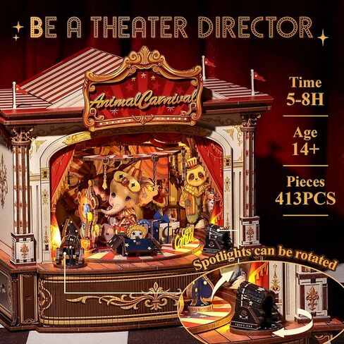 CUTEBEE 3D Wooden Puzzles Music Box - DIY Theater Model Kit with LED Light, 413 Pcs Rotating Miniature House Kit for Adults, Home Bookshelf Decor, Birthday Valentines Day Gifts (Animal Carnival) in Kuwait