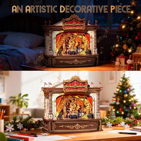 CUTEBEE 3D Wooden Puzzles Music Box - DIY Theater Model Kit with LED Light, 413 Pcs Rotating Miniature House Kit for Adults, Home Bookshelf Decor, Birthday Valentines Day Gifts (Animal Carnival) in Kuwait