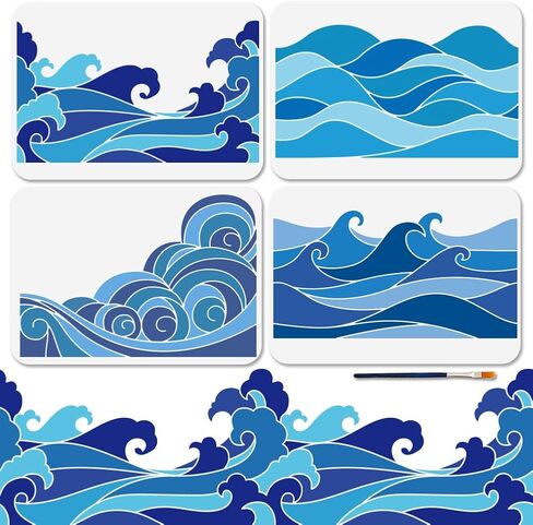 MAYJOYDIY 4 قطع استنسل أمواج المحيط قابل لإعادة الاستخدام استنسل مياه البحر الديناميكي للصيف للرسم مقاس 11.7 × 8.3 بوصة قوالب فنية لرذاذ البحر مع فرشاة طلاء لنافذة خشبية وجدار المنزل هدية ديكور in Kuwait