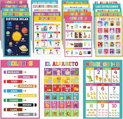 20 Pcs Spanish Colorful Classroom Posters 16.5 x 11'' Learning Spanish Classroom Decorations for Kids Abecedario para Ninos En Espanol Numbers Alphabet Colors Bilingual Educational in Saudi Arabia