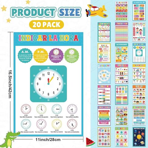20 Pcs Spanish Colorful Classroom Posters 16.5 x 11'' Learning Spanish Classroom Decorations for Kids Abecedario para Ninos En Espanol Numbers Alphabet Colors Bilingual Educational in Saudi Arabia