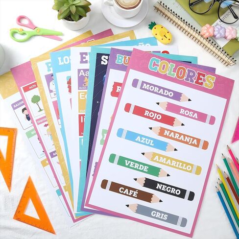 20 Pcs Spanish Colorful Classroom Posters 16.5 x 11'' Learning Spanish Classroom Decorations for Kids Abecedario para Ninos En Espanol Numbers Alphabet Colors Bilingual Educational in Saudi Arabia