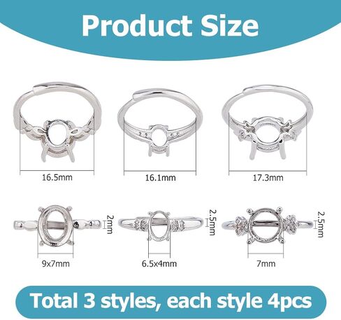 12Pcs 4 Prong Ring Settings 3 Styles Brass Adjustable Rings Settings 4 Claws Blank Rings Base for Gemstones Finger Ring Components for Earrings Jewelry Making DIY Crafts in Saudi Arabia