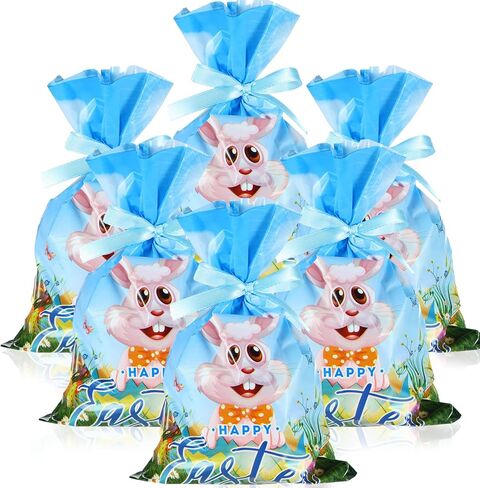 Tenare 100 Pcs Cellophane Treat Bags with Tie Ribbon, 6 x 9 Inch Plastic Gift Candy Bag 25 Yards Ribbon for Goodie Cookies Party Favor Supplies (White Bunny) in Saudi Arabia