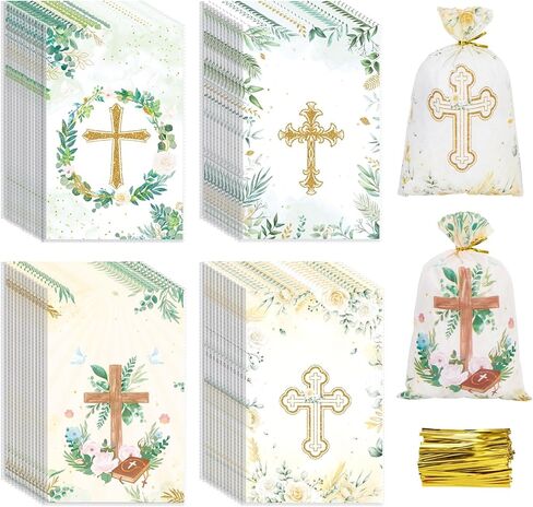 Konsait Baptism Candy Bags, 100 Pack Cellophane Treat Bags with Ties Cookie Bags for Packaging First Communion Gift Bag 4 Designed Cross Candy Bags for Confirmation Baby Shower Christian Party Favors in Saudi Arabia