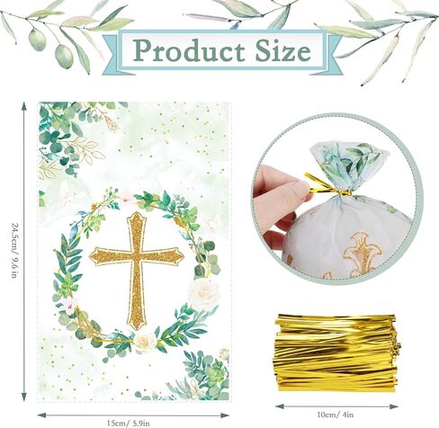 Konsait Baptism Candy Bags, 100 Pack Cellophane Treat Bags with Ties Cookie Bags for Packaging First Communion Gift Bag 4 Designed Cross Candy Bags for Confirmation Baby Shower Christian Party Favors in Saudi Arabia
