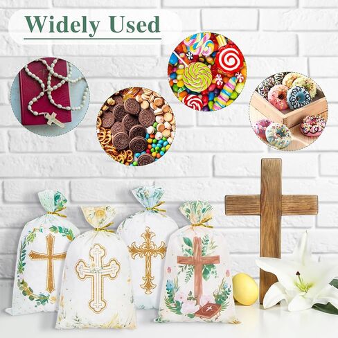 Konsait Baptism Candy Bags, 100 Pack Cellophane Treat Bags with Ties Cookie Bags for Packaging First Communion Gift Bag 4 Designed Cross Candy Bags for Confirmation Baby Shower Christian Party Favors in Saudi Arabia