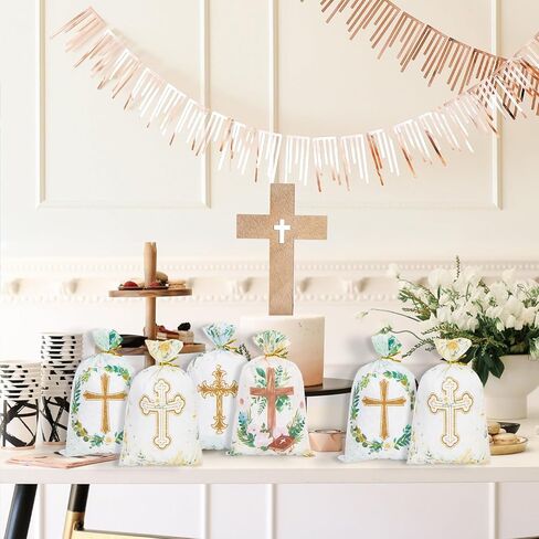 Konsait Baptism Candy Bags, 100 Pack Cellophane Treat Bags with Ties Cookie Bags for Packaging First Communion Gift Bag 4 Designed Cross Candy Bags for Confirmation Baby Shower Christian Party Favors in Saudi Arabia