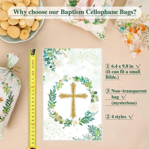 Konsait Baptism Candy Bags, 100 Pack Cellophane Treat Bags with Ties Cookie Bags for Packaging First Communion Gift Bag 4 Designed Cross Candy Bags for Confirmation Baby Shower Christian Party Favors in Saudi Arabia