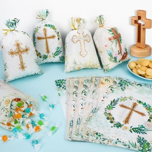 Konsait Baptism Candy Bags, 100 Pack Cellophane Treat Bags with Ties Cookie Bags for Packaging First Communion Gift Bag 4 Designed Cross Candy Bags for Confirmation Baby Shower Christian Party Favors in Saudi Arabia