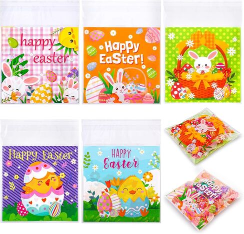 Easter Treat Bags, 100 PCS Self Sealing Clear Easter Goodie Bags, Plastic Easter Cellophane Candy Cookie Snack Goody Gift Bags for Easter Spring Holiday Party Favors Supplies Gift Giving Decorations in Saudi Arabia