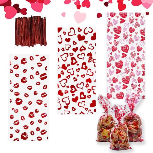 LANGFON 150 Pieces Valentine's Day Cellophane Gift Bags, Valentines 3 Patterns Heart Cellophane Treat Bags with 150 Twist Ties for Cookies Candy Party Decoration in Saudi Arabia