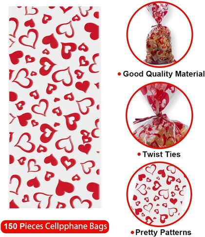 LANGFON 150 Pieces Valentine's Day Cellophane Gift Bags, Valentines 3 Patterns Heart Cellophane Treat Bags with 150 Twist Ties for Cookies Candy Party Decoration in Saudi Arabia