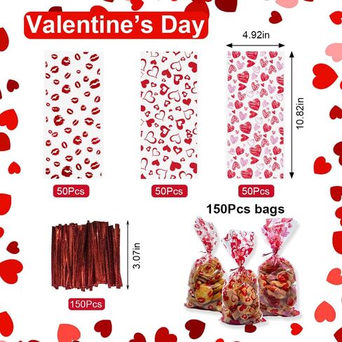 LANGFON 150 Pieces Valentine's Day Cellophane Gift Bags, Valentines 3 Patterns Heart Cellophane Treat Bags with 150 Twist Ties for Cookies Candy Party Decoration in Saudi Arabia