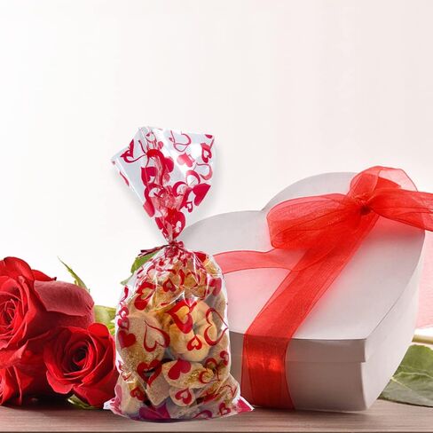 LANGFON 150 Pieces Valentine's Day Cellophane Gift Bags, Valentines 3 Patterns Heart Cellophane Treat Bags with 150 Twist Ties for Cookies Candy Party Decoration in Saudi Arabia