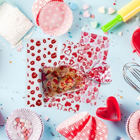 LANGFON 150 Pieces Valentine's Day Cellophane Gift Bags, Valentines 3 Patterns Heart Cellophane Treat Bags with 150 Twist Ties for Cookies Candy Party Decoration in Saudi Arabia