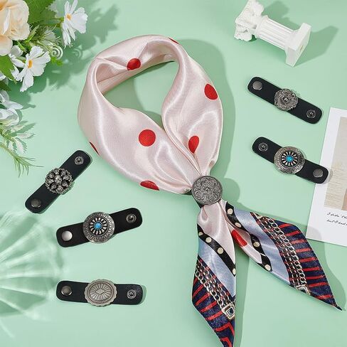 PH PandaHall 6PCS Leather Scarf Ring Clasp Clips, 6 Styles Bandana Scarf Buckle Western Style Zinc Alloy Scarf Clasp Holder Luggage Tags Name Label for Clothing Neckerchief Shawl, Antique Silver in Kuwait