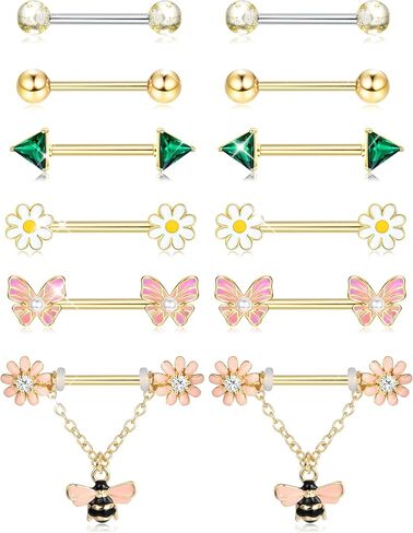 JOERICA 6 Pairs 14G Nipple Rings for Women 316L Stainless Steel Heart Butterfly Moon CZ Flower Barbell Nipple Rings Set Cute Nipplerings Piercing Jewelry in Kuwait
