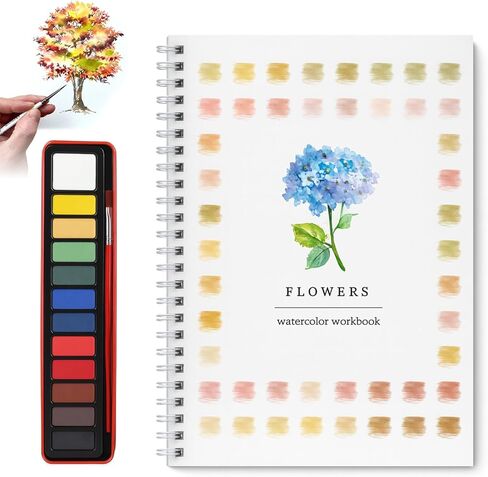 Joyzan Watercolor Workbook, Beginner Water Color Book Coloring Painting Kit 12 Spiral Bound Pages Friendly Adults 12 Colors Paint Brush Set Easy Nature Scenes Art DIY Crafts Plants Christmas Gift in Saudi Arabia