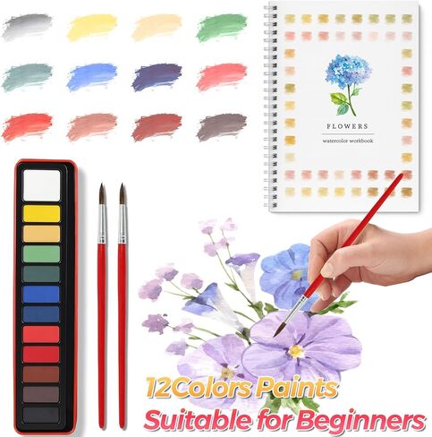 Joyzan Watercolor Workbook, Beginner Water Color Book Coloring Painting Kit 12 Spiral Bound Pages Friendly Adults 12 Colors Paint Brush Set Easy Nature Scenes Art DIY Crafts Plants Christmas Gift in Saudi Arabia