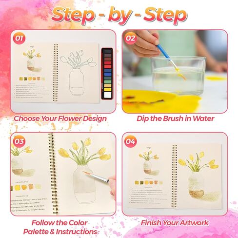 Joyzan Watercolor Workbook, Beginner Water Color Book Coloring Painting Kit 12 Spiral Bound Pages Friendly Adults 12 Colors Paint Brush Set Easy Nature Scenes Art DIY Crafts Plants Christmas Gift in Saudi Arabia