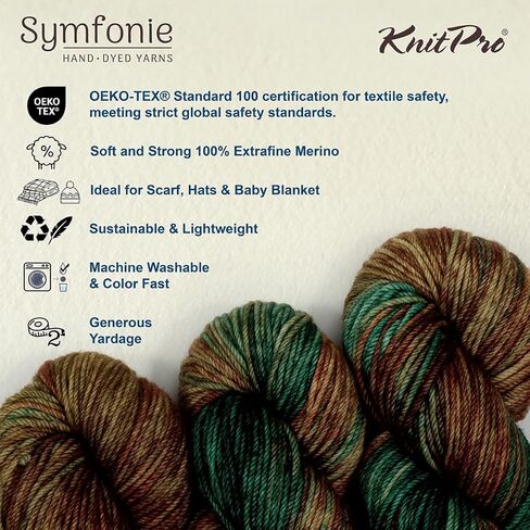 KnitPro Symfonie Hand Dyed Premium Yarn | 100% Extra Fine Merino Wool for Knitting & Crocheting, Worsted Weight, Oeko-TEX Certified, Colorfast Fiber 165m, 100g Skein | Bella Variegated Himalayas in Saudi Arabia
