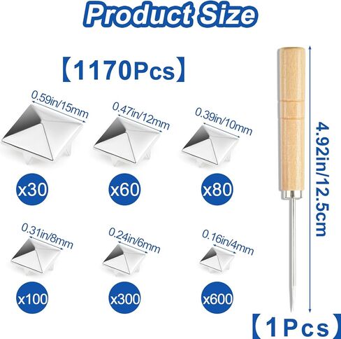 NEBURORA 1170Pcs Square Pyramid Studs 6 Sizes Leather Rivet Kit Silver Metal Four-Pronged Square Studs for Decorating Jackets Shoes Pet Collars Bags in Saudi Arabia