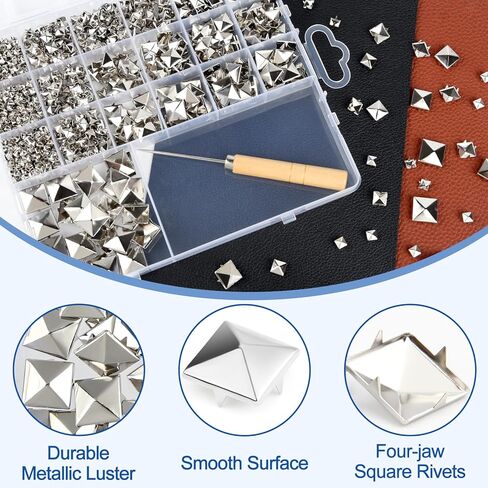 NEBURORA 1170Pcs Square Pyramid Studs 6 Sizes Leather Rivet Kit Silver Metal Four-Pronged Square Studs for Decorating Jackets Shoes Pet Collars Bags in Saudi Arabia