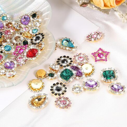 PATIKIL Sew on Rhinestones Crystals,100 Pcs Mixed Shapes Glass Gem Metal Base Flower Claw Rhinestones for Craft Shoes Dress Cloth Belt Sewing Decoration, Multicolor(0.35"-0.75") in Saudi Arabia