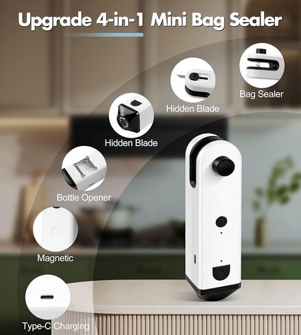 Upgraded 4 in 1 Mini Bag Sealer with Cutter and Magnet, Rechargeable Handheld Heat Sealer for Plastic/Aluminum Foil Bags, Multi-Functional Resealer for Chips, Snacks, Spices & Food Storage in Saudi Arabia