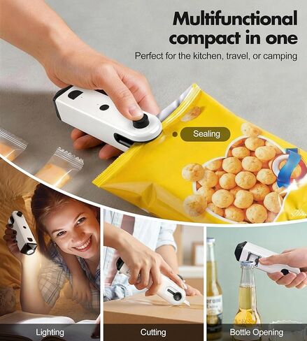 Upgraded 4 in 1 Mini Bag Sealer with Cutter and Magnet, Rechargeable Handheld Heat Sealer for Plastic/Aluminum Foil Bags, Multi-Functional Resealer for Chips, Snacks, Spices & Food Storage in Saudi Arabia