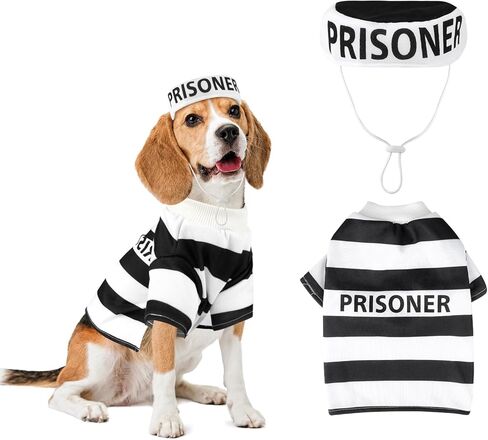 Dog Prisoner Costume-Pet Halloween Inmate Costumes, Pet Prison Jail Outfit with Hat, Criminal Dog Clothes Set, Black and White Strips, for Halloween Christmas Cosplay Party Photo Props(XL) in Saudi Arabia