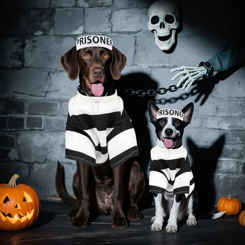 Dog Prisoner Costume-Pet Halloween Inmate Costumes, Pet Prison Jail Outfit with Hat, Criminal Dog Clothes Set, Black and White Strips, for Halloween Christmas Cosplay Party Photo Props(XL) in Saudi Arabia