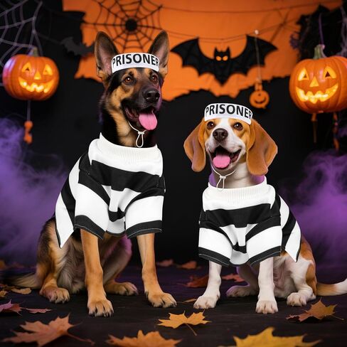Dog Prisoner Costume-Pet Halloween Inmate Costumes, Pet Prison Jail Outfit with Hat, Criminal Dog Clothes Set, Black and White Strips, for Halloween Christmas Cosplay Party Photo Props(XL) in Saudi Arabia