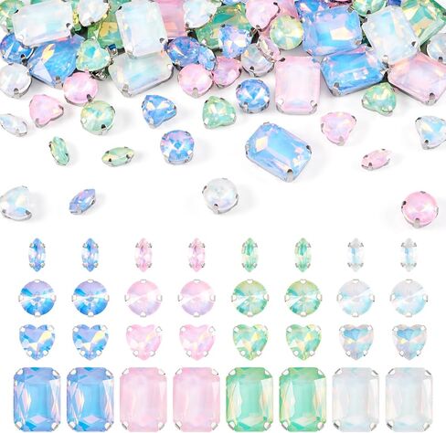 80Pcs Pastel Sew on Rhinestones Heart Round Rectangle Crystal Gems Flatback Rhinestones Diamonds Alloy Prong Settings for Bedazzling Clothes Sewing Jews Shoes in Saudi Arabia
