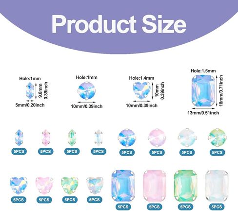 80Pcs Pastel Sew on Rhinestones Heart Round Rectangle Crystal Gems Flatback Rhinestones Diamonds Alloy Prong Settings for Bedazzling Clothes Sewing Jews Shoes in Saudi Arabia
