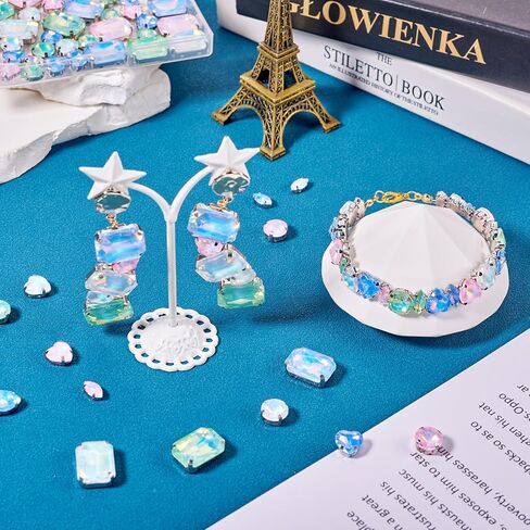80Pcs Pastel Sew on Rhinestones Heart Round Rectangle Crystal Gems Flatback Rhinestones Diamonds Alloy Prong Settings for Bedazzling Clothes Sewing Jews Shoes in Saudi Arabia