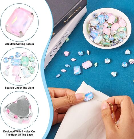 80Pcs Pastel Sew on Rhinestones Heart Round Rectangle Crystal Gems Flatback Rhinestones Diamonds Alloy Prong Settings for Bedazzling Clothes Sewing Jews Shoes in Saudi Arabia
