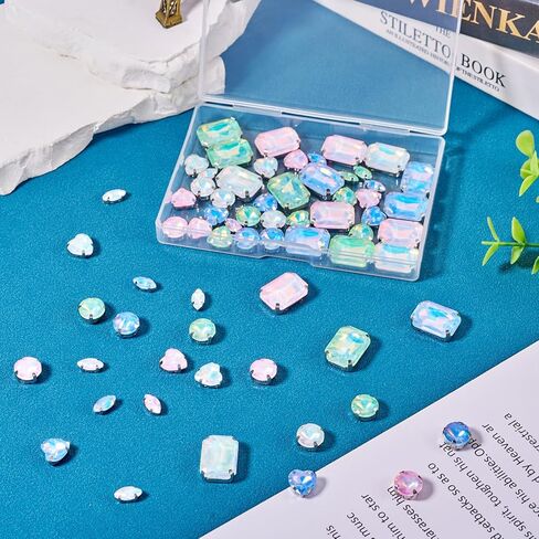 80Pcs Pastel Sew on Rhinestones Heart Round Rectangle Crystal Gems Flatback Rhinestones Diamonds Alloy Prong Settings for Bedazzling Clothes Sewing Jews Shoes in Saudi Arabia