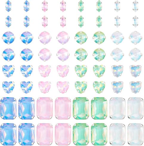 80Pcs Pastel Sew on Rhinestones Heart Round Rectangle Crystal Gems Flatback Rhinestones Diamonds Alloy Prong Settings for Bedazzling Clothes Sewing Jews Shoes in Saudi Arabia